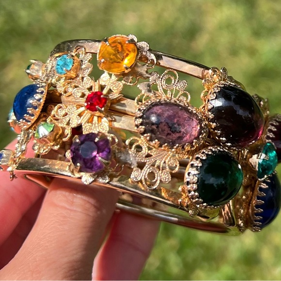 Rare 14k Gold Over Nickel Vintage Unsigned Gripoix Style Clamper Bracelet - Picture 4 of 5